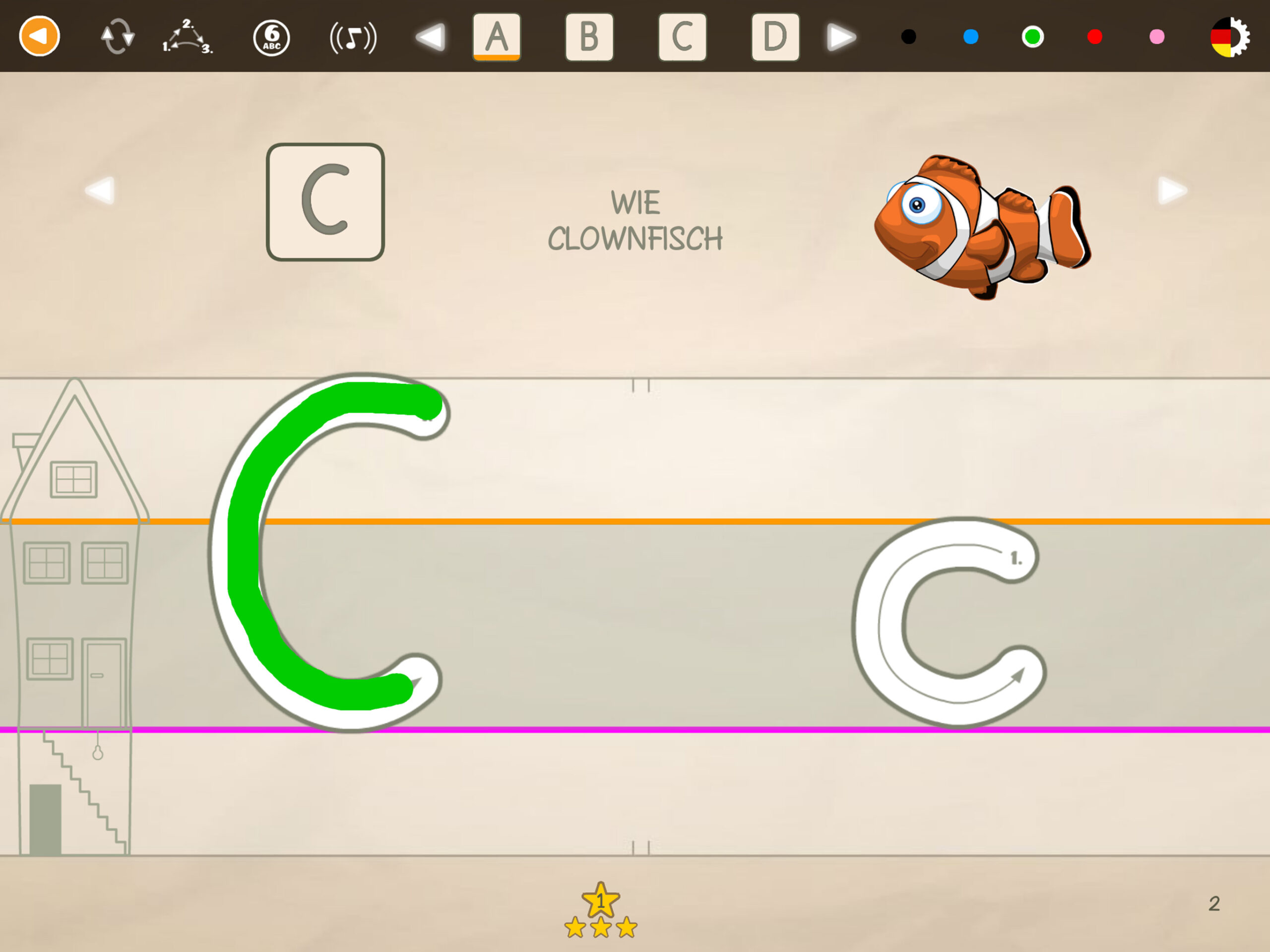 Kind oefent de letter C schrijven met een cavia in de educatieve leerapp ABC met Yeti.