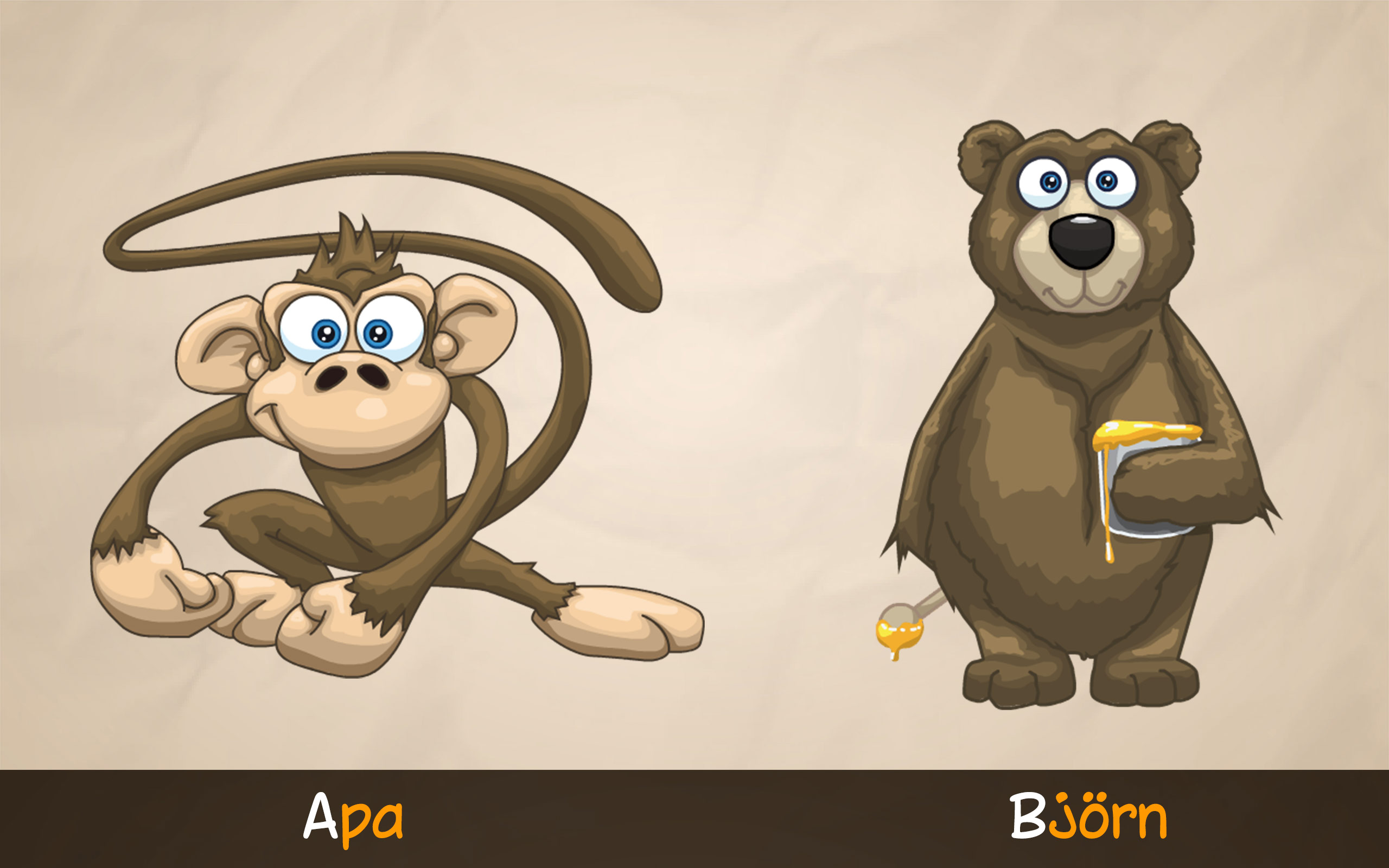 Apa och björn från ABC med Yeti – pedagogisk app för barn som lär sig bokstäver, läsa och skriva på svenska.