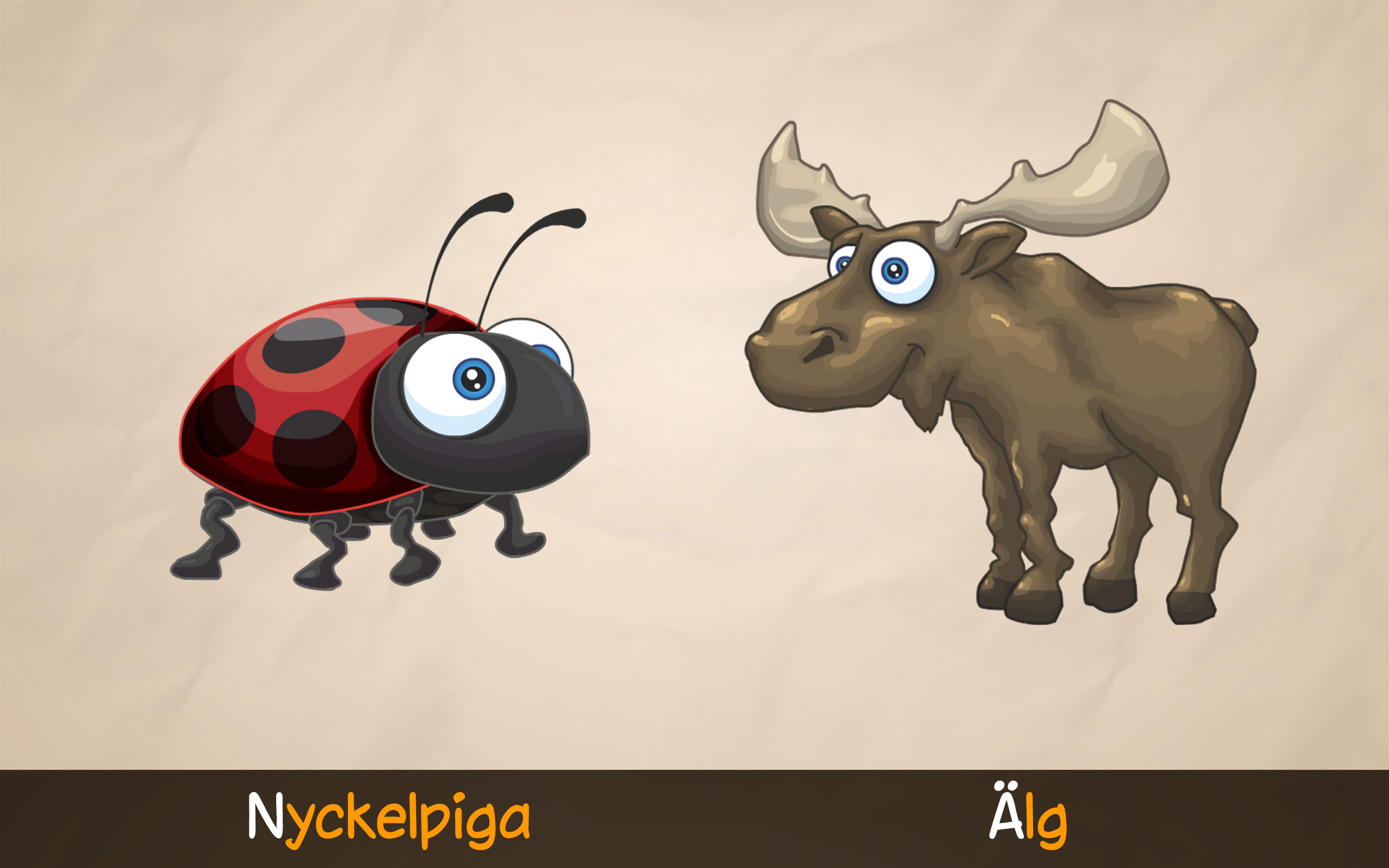 Nyckelpiga och älg från ABC med Yeti – barn lär sig svenska bokstäver och alfabetet genom lek.