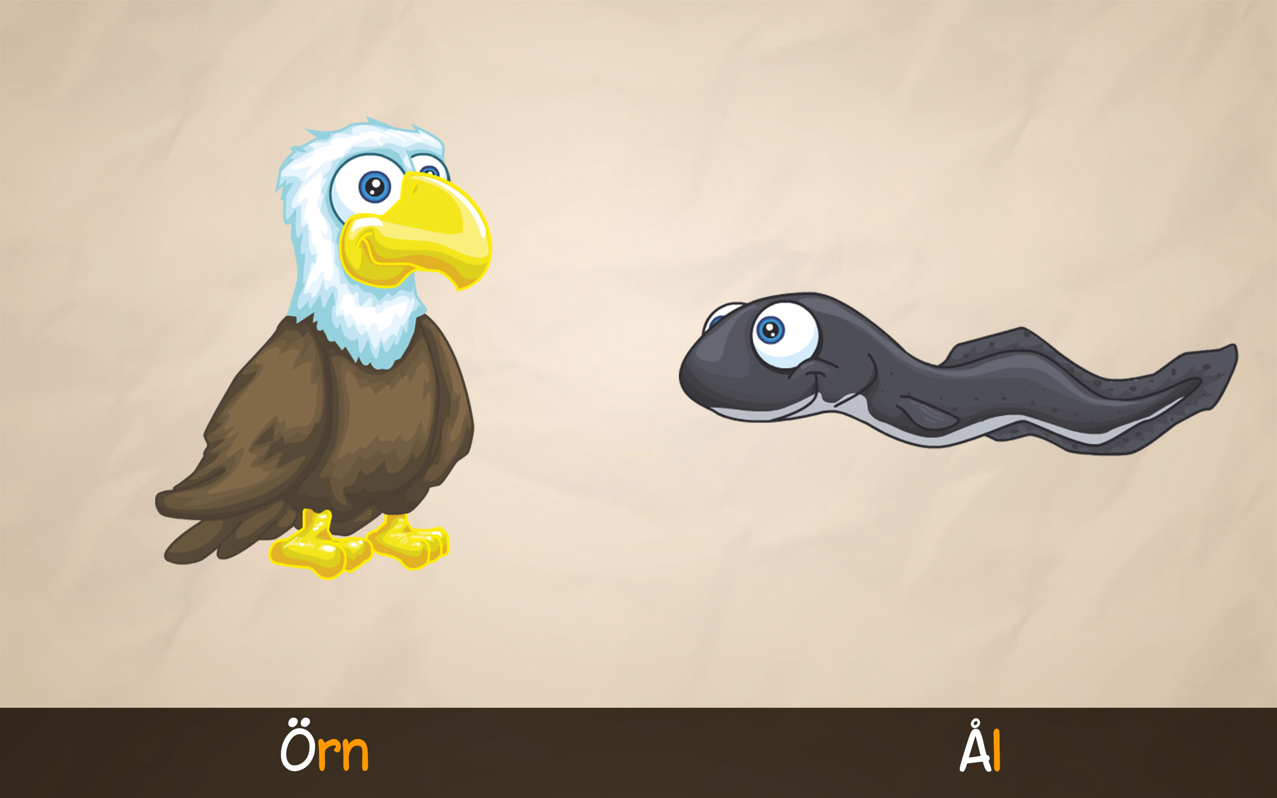 Örn och ål från ABC med Yeti – pedagogisk app där barn lär sig svenska bokstäver som Å, Ä och Ö.
