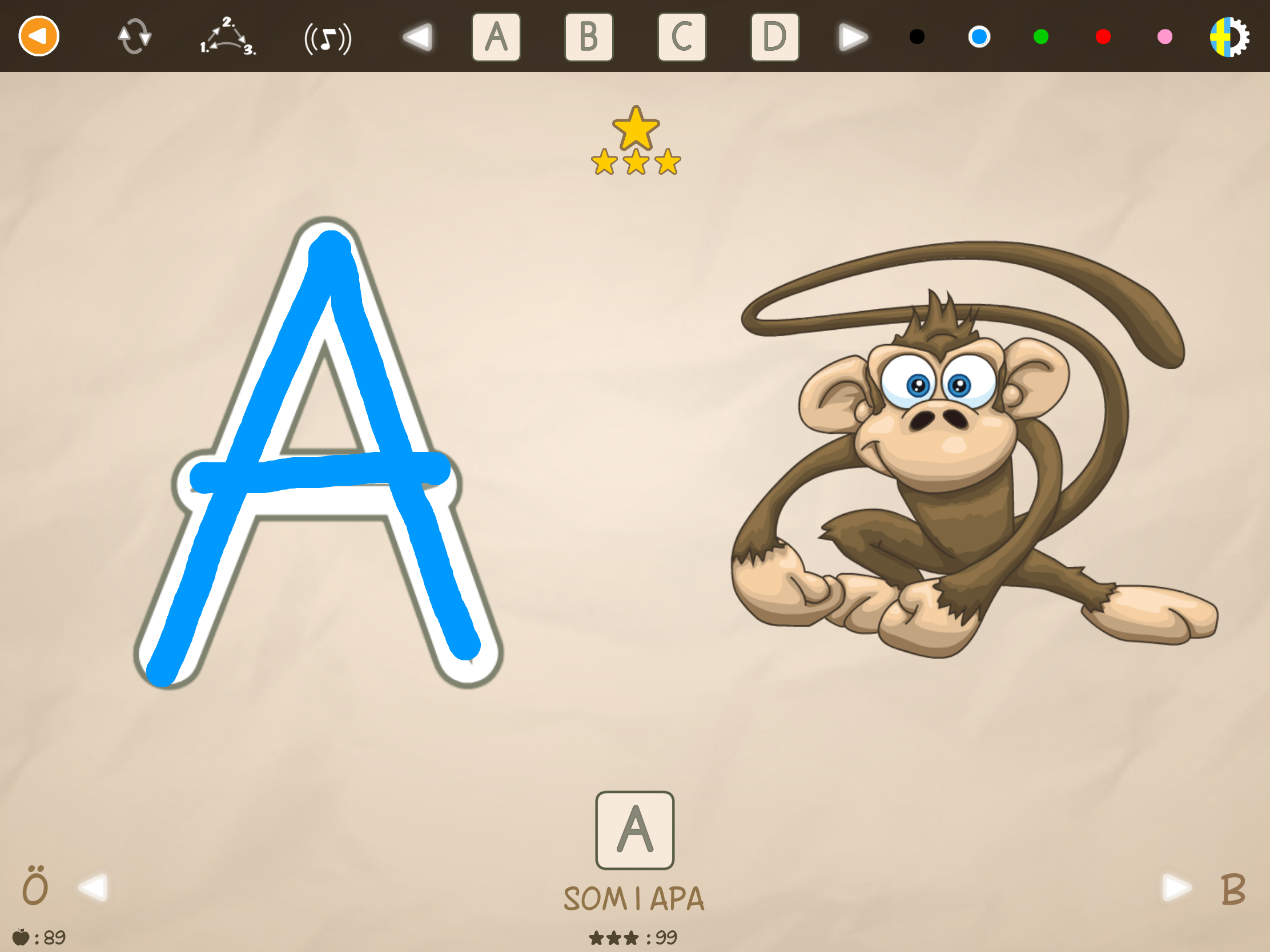 Skärmbild från ABC med Yeti – pedagogisk app för barn som lär sig bokstäver, läsa och skriva på svenska.