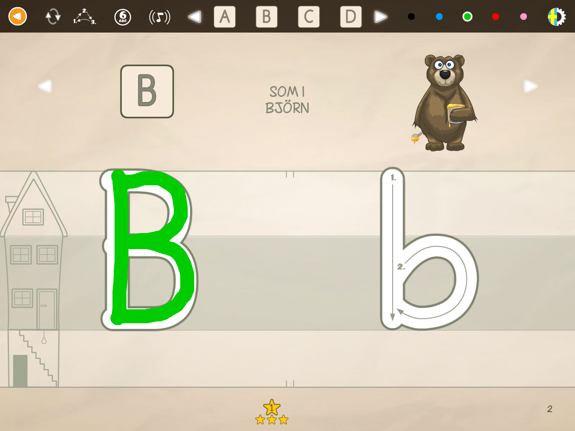 Skärmbild från ABC med Yeti – pedagogisk app för förskola och lågstadiet där barn lär sig bokstäver, läsa och skriva.