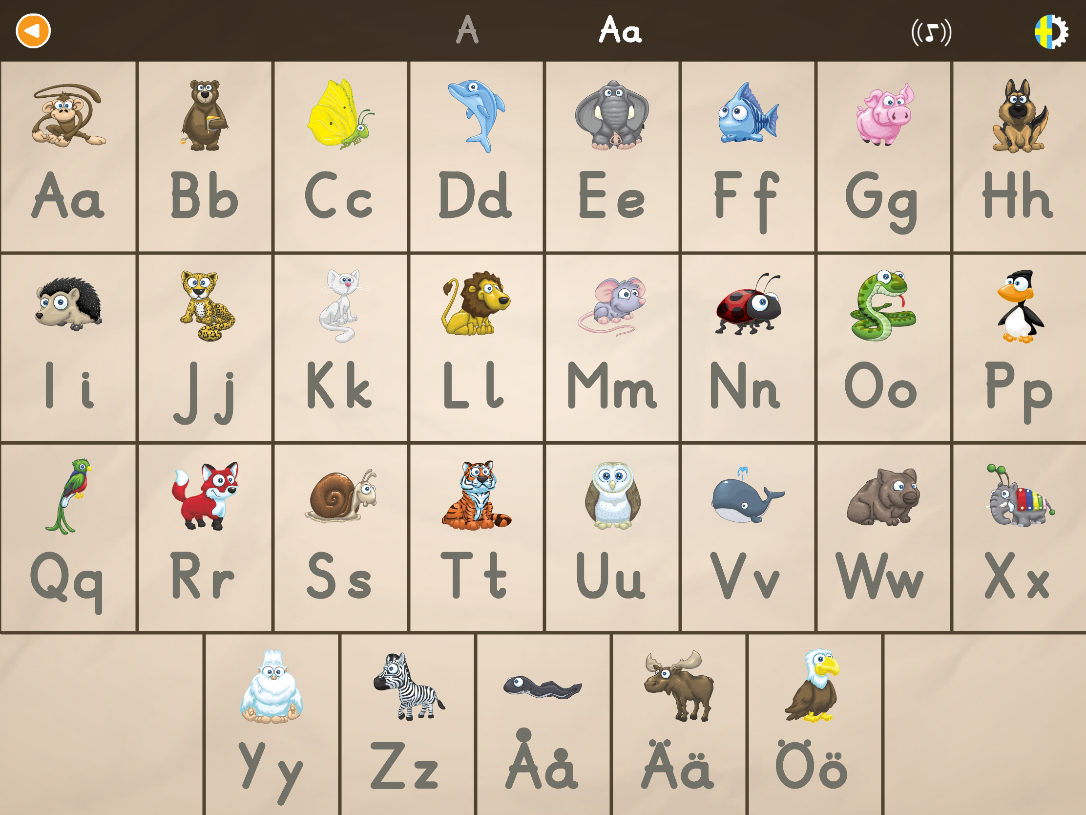 Skärmbild från ABC med Yeti – pedagogisk app för barn som lär sig bokstäver, läsa och skriva på svenska.