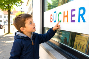 Junge entdeckt Buchstaben auf einem Schaufenster und lernt spielerisch das Alphabet kennen.