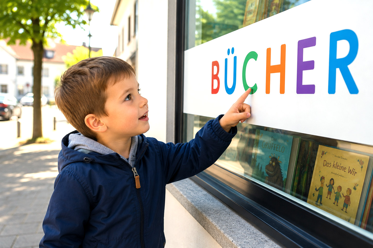 Junge entdeckt Buchstaben auf einem Schaufenster und lernt spielerisch das Alphabet kennen.