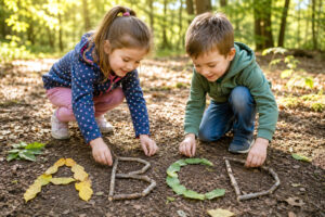 Zwei Vorschulkinder legen Buchstaben aus Blättern und Ästen auf dem Waldboden und entdecken spielerisch das Alphabet.