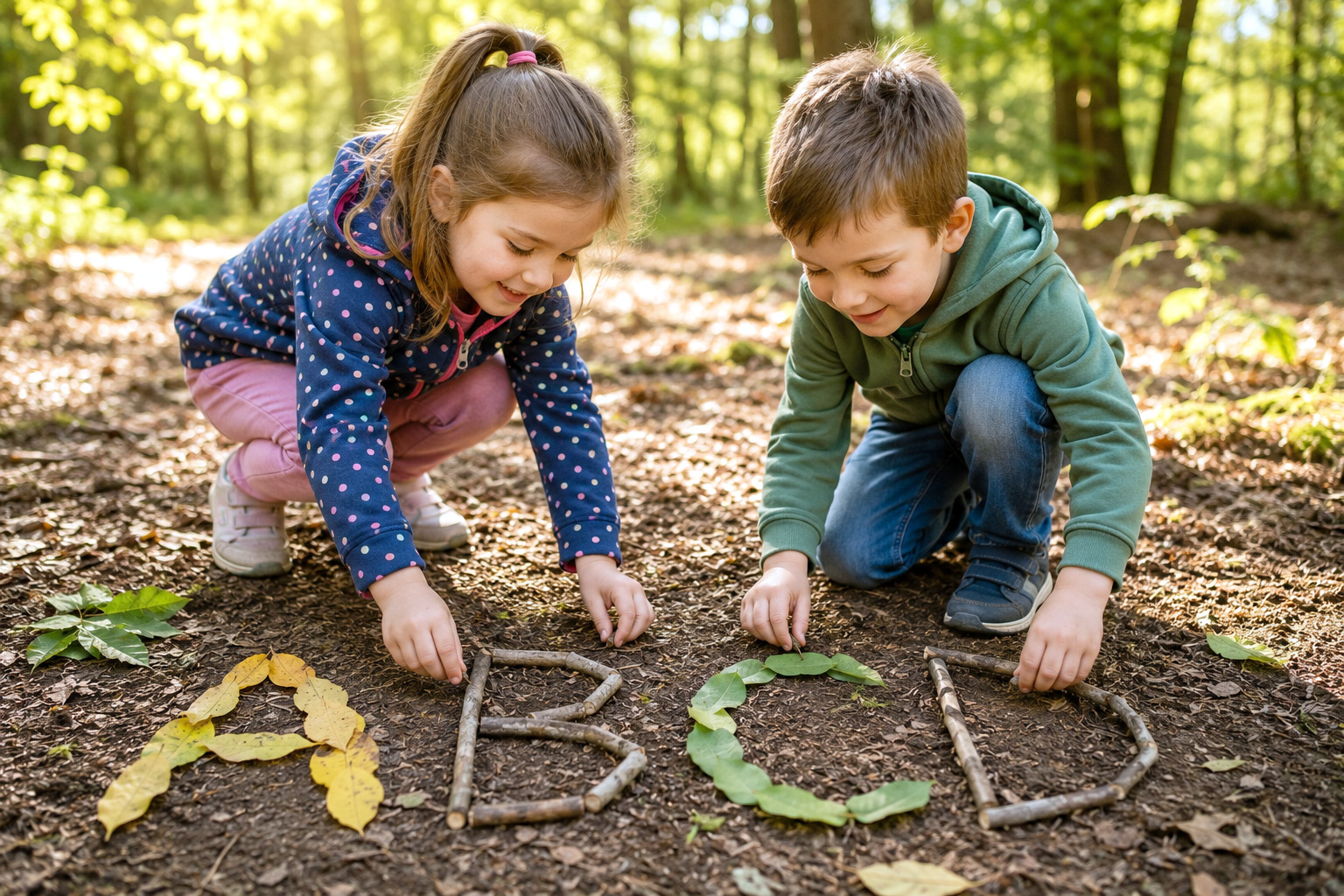 Zwei Vorschulkinder legen Buchstaben aus Blättern und Ästen auf dem Waldboden und entdecken spielerisch das Alphabet.