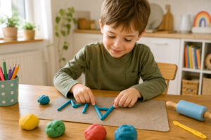 Junge formt zuhause am Tisch den Buchstaben A aus blauer Knete und übt spielerisch das Schreibenlernen im Vorschulalter.