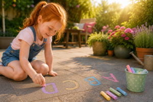 Vorschulkind malt mit bunter Kreide auf der Terrasse und lernt spielerisch Buchstaben im Garten.
