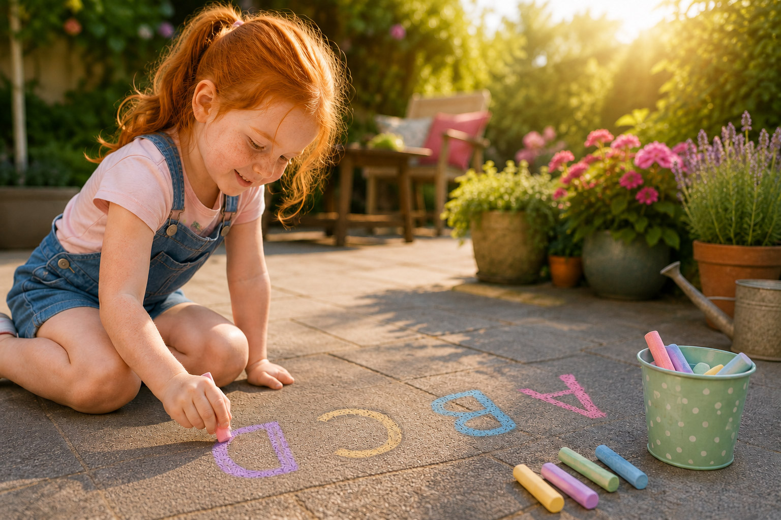 Vorschulkind malt mit bunter Kreide auf der Terrasse und lernt spielerisch Buchstaben im Garten.