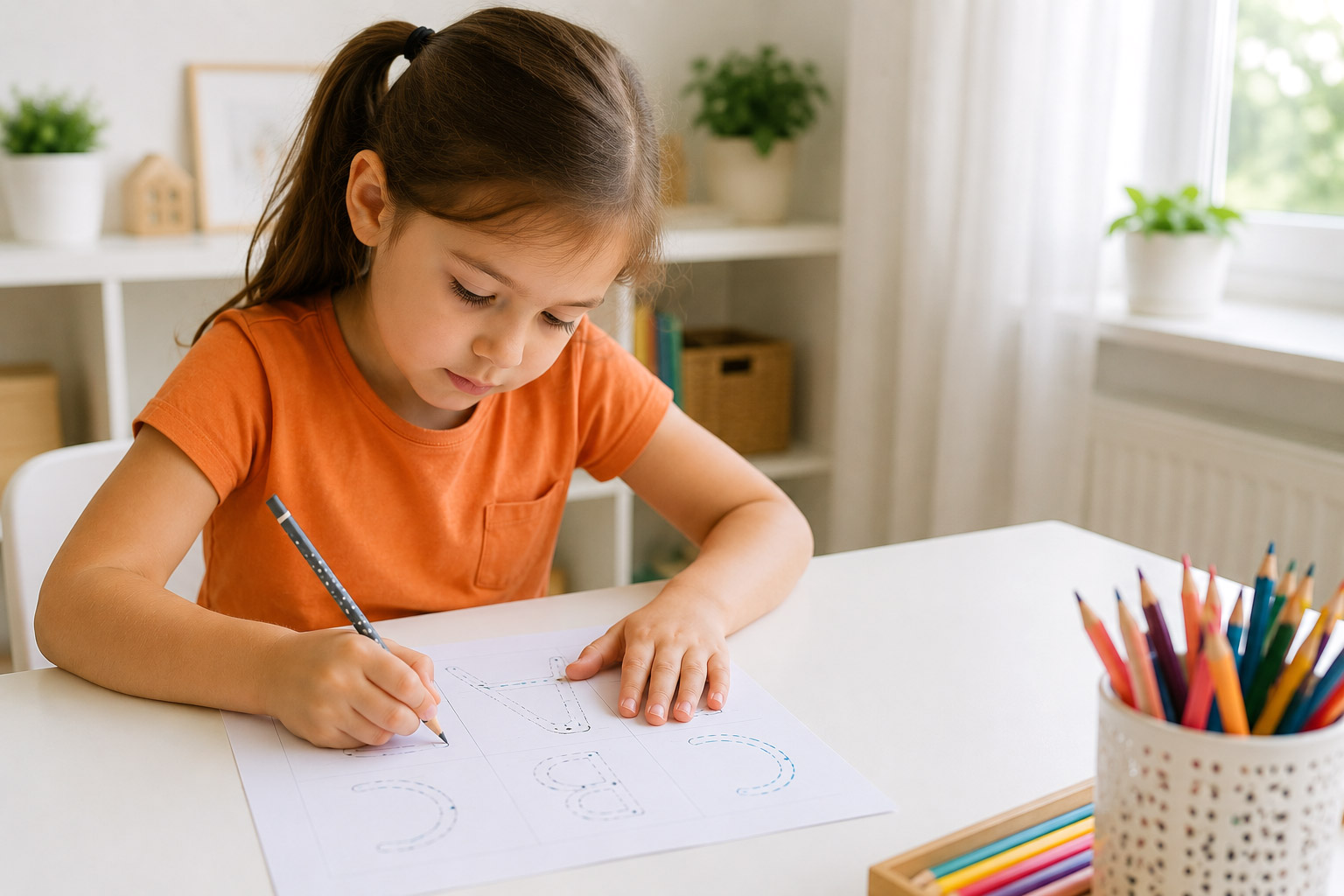 Braunhaariges Mädchen mit orangem T-Shirt spurt Buchstaben auf einem Arbeitsblatt nach und übt Schreiben in der Vorschule.