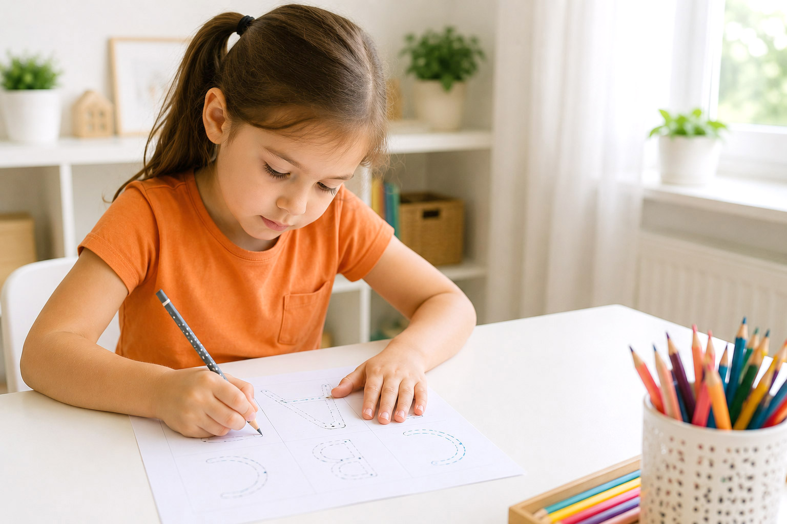 Braunhaariges Mädchen mit orangem T-Shirt spurt Buchstaben auf einem Arbeitsblatt nach und übt Schreiben in der Vorschule.