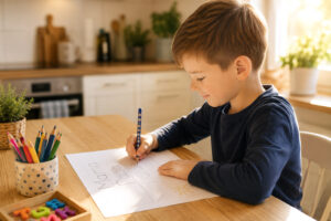 Junge schreibt erste Wörter auf einem Arbeitsblatt und übt Schreibenlernen am Küchentisch