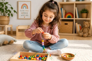 Mädchen im Vorschulalter fädelt bunte Holzperlen auf eine Schnur und trainiert spielerisch die Feinmotorik.