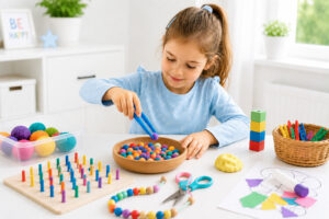 Kind trainiert Feinmotorik mit spielerischen Übungen zuhause am Tisch.