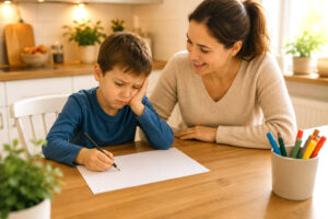 Junge sitzt frustriert am Küchentisch vor einem leeren Blatt Papier, während seine Mutter ihn beim Schreibenlernen geduldig unterstützt.
