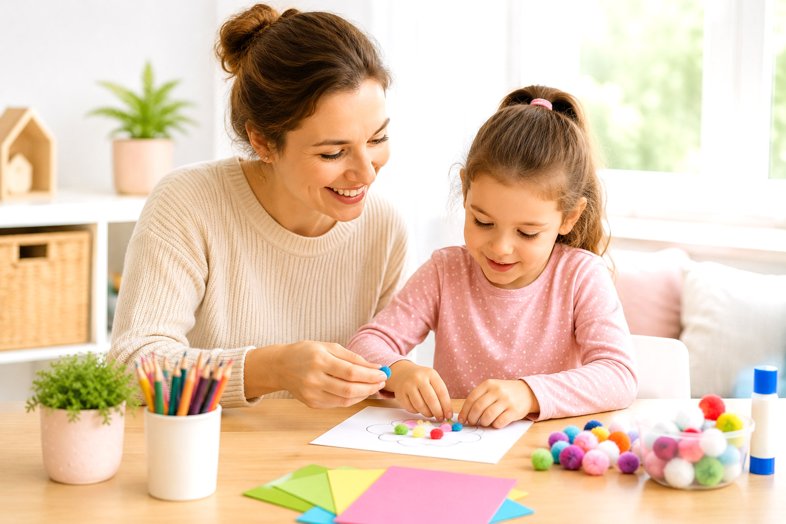 Mutter und Tochter lernen gemeinsam spielerisch zuhause mit kreativen Kindergarten Übungen
