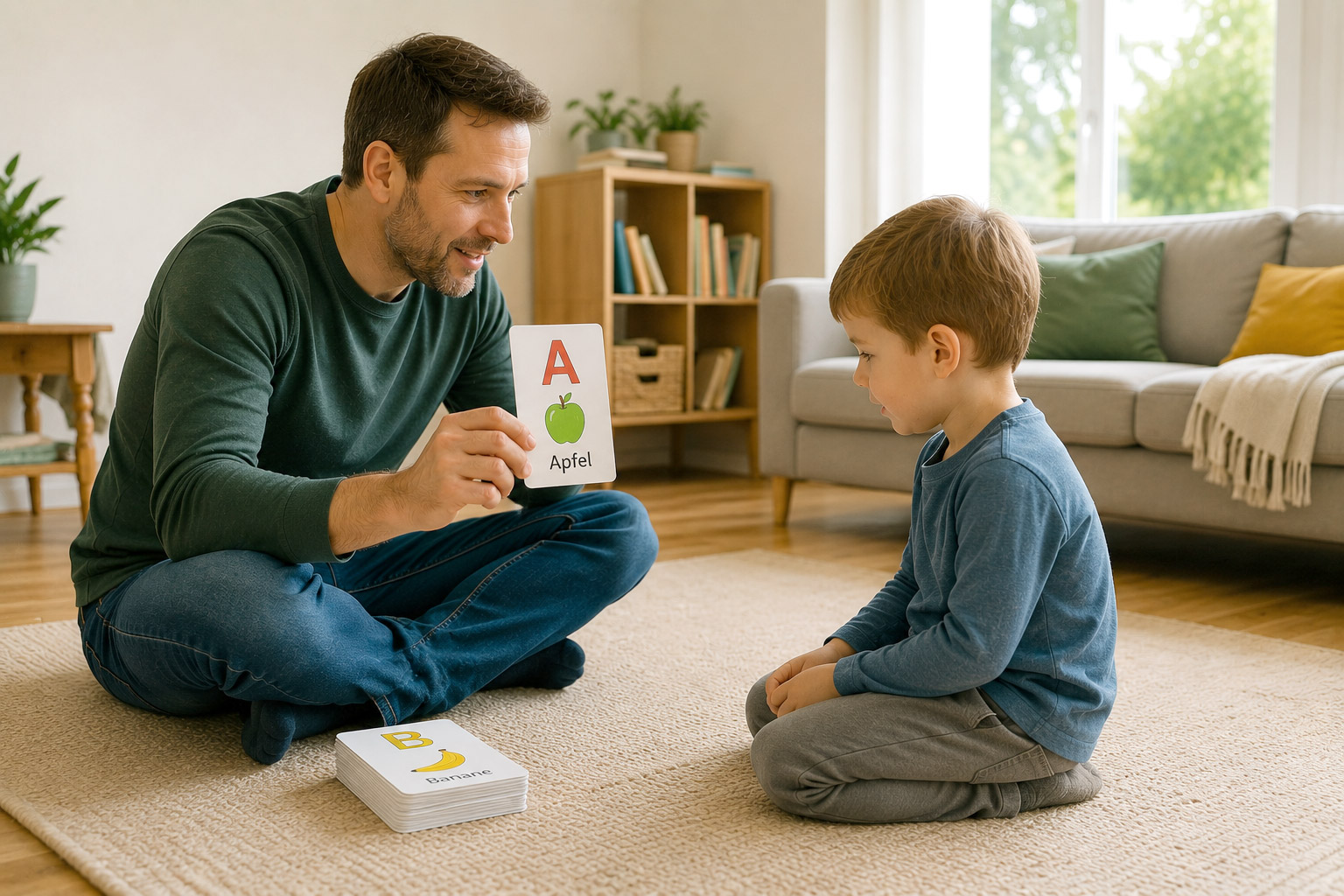 Vater zeigt seinem Sohn eine Buchstabenkarte beim spielerischen Schreibenlernen zuhause