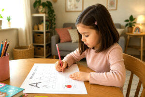 Preschool child practicing handwriting and tracing letters with an alphabet worksheet to develop early writing skills, pencil control, and fine motor skills.