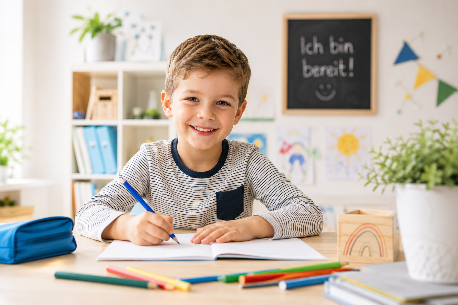 Junge im Vorschulalter sitzt konzentriert an einem Tisch und bereitet sich spielerisch auf die Einschulung vor.