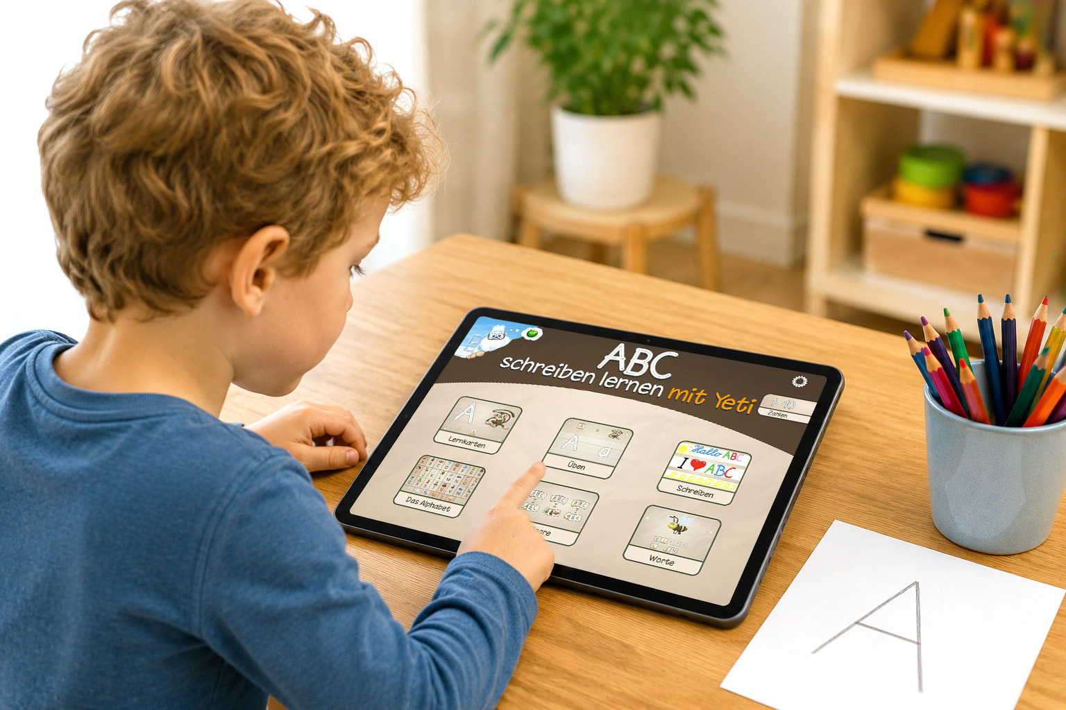 Junge lernt mit einem Tablet und der ABC mit Yeti App Buchstaben und Schrift in einer Vorschulumgebung