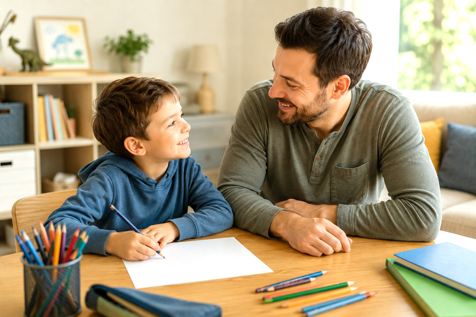 Vater unterstützt seinen Sohn bei spielerischen Vorübungen für das Schreibenlernen am Tisch
