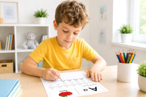 Junge mit gelbem T-Shirt übt den Buchstaben A auf einem Vorschul-Arbeitsblatt mit Apfel-Motiv.