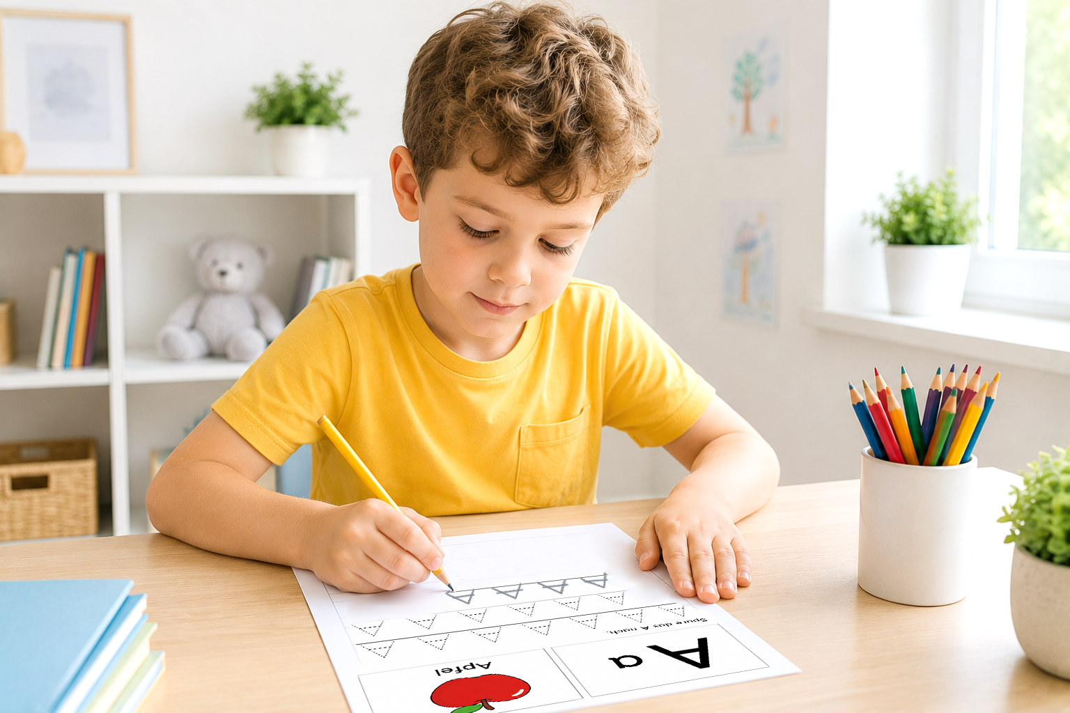 Junge mit gelbem T-Shirt übt den Buchstaben A auf einem Vorschul-Arbeitsblatt mit Apfel-Motiv.