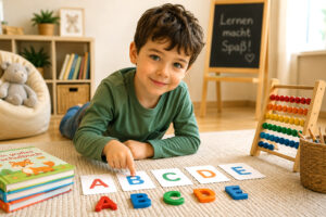 Junge im Vorschulalter lernt zuhause spielerisch Buchstaben mit Lernkarten und Alphabet-Buchstaben.