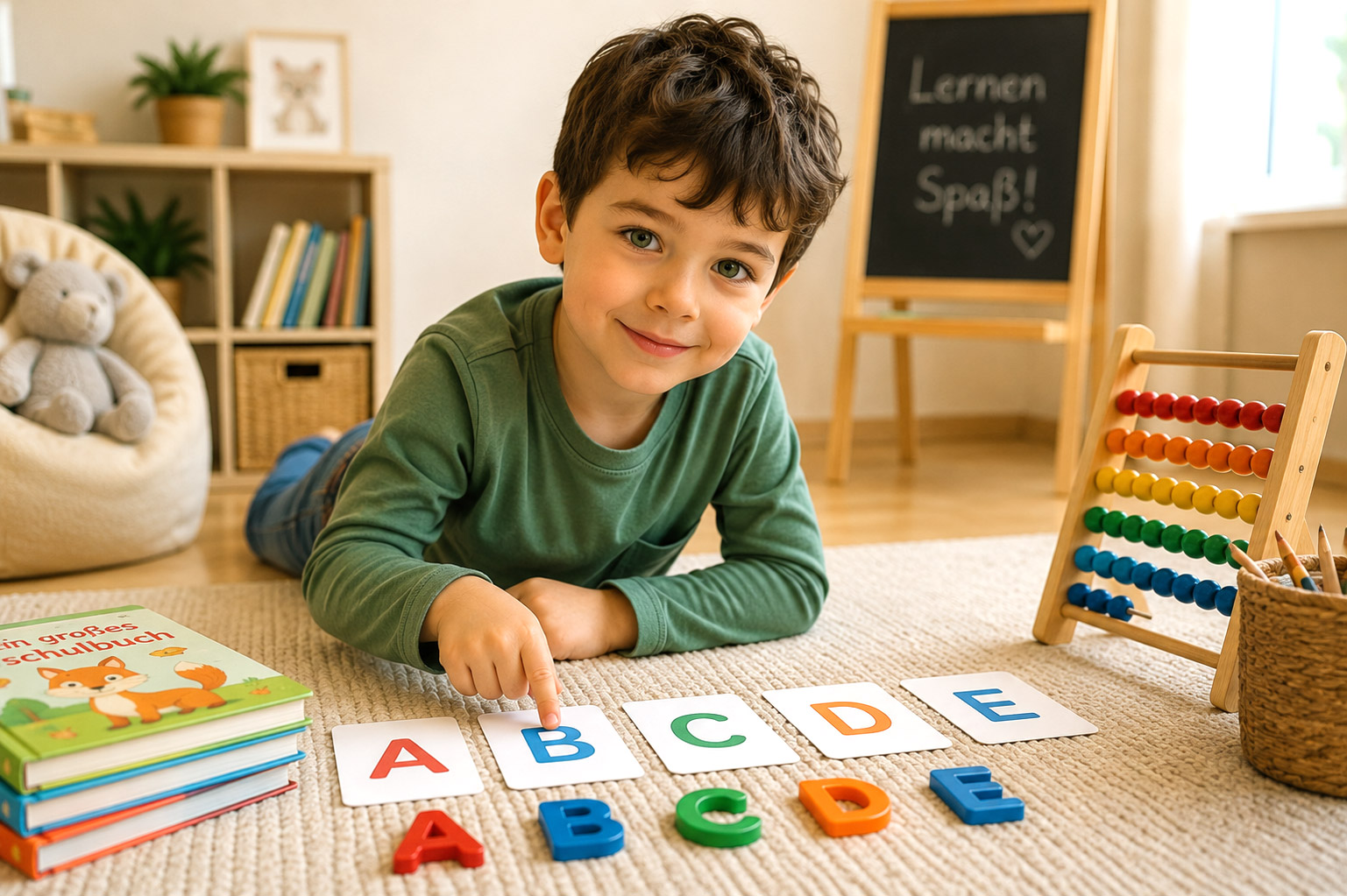 Junge im Vorschulalter lernt zuhause spielerisch Buchstaben mit Lernkarten und Alphabet-Buchstaben.