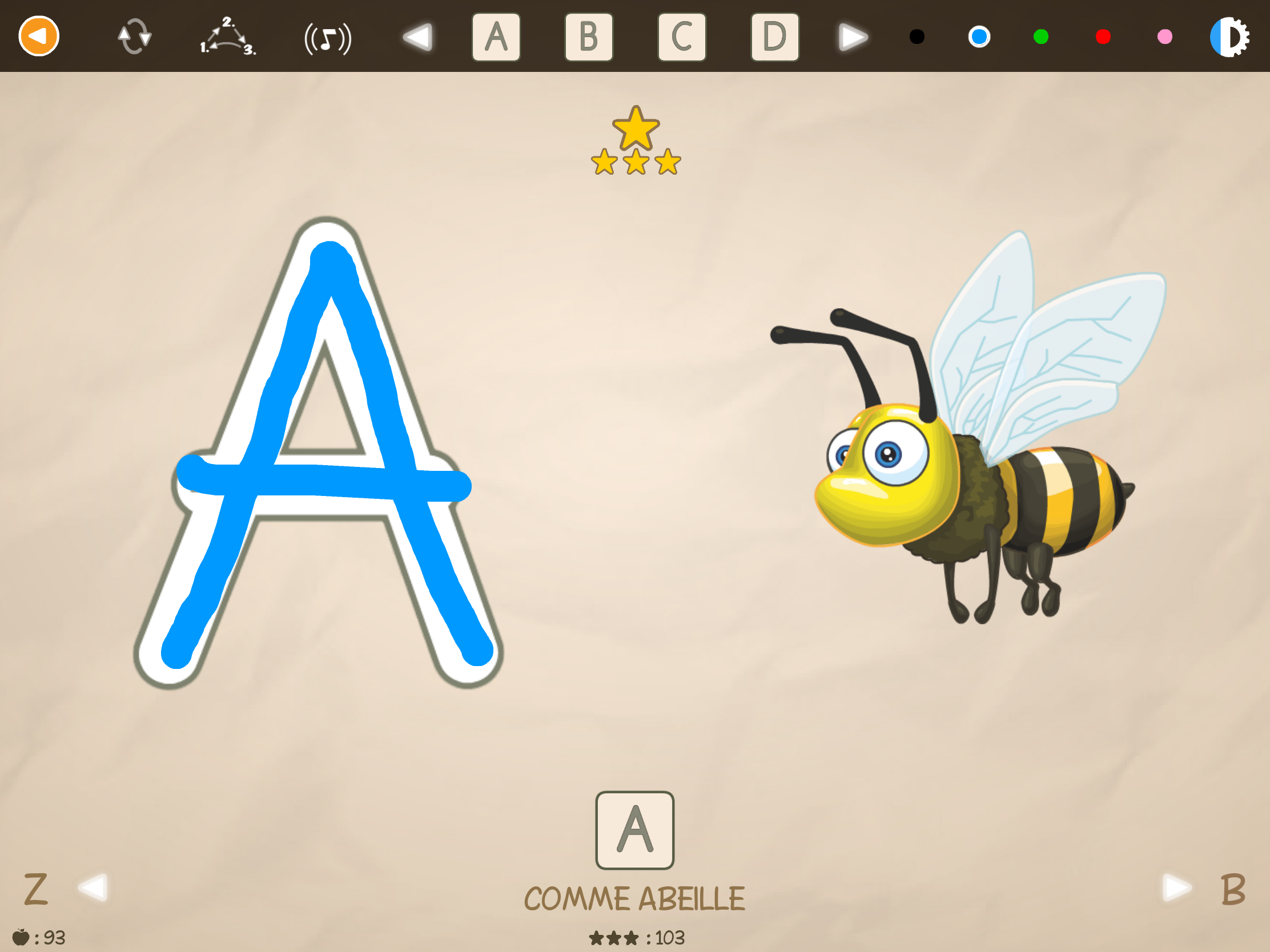 Exercice d'écriture de la lettre A avec l'abeille dans l'application éducative ABC avec Yeti.