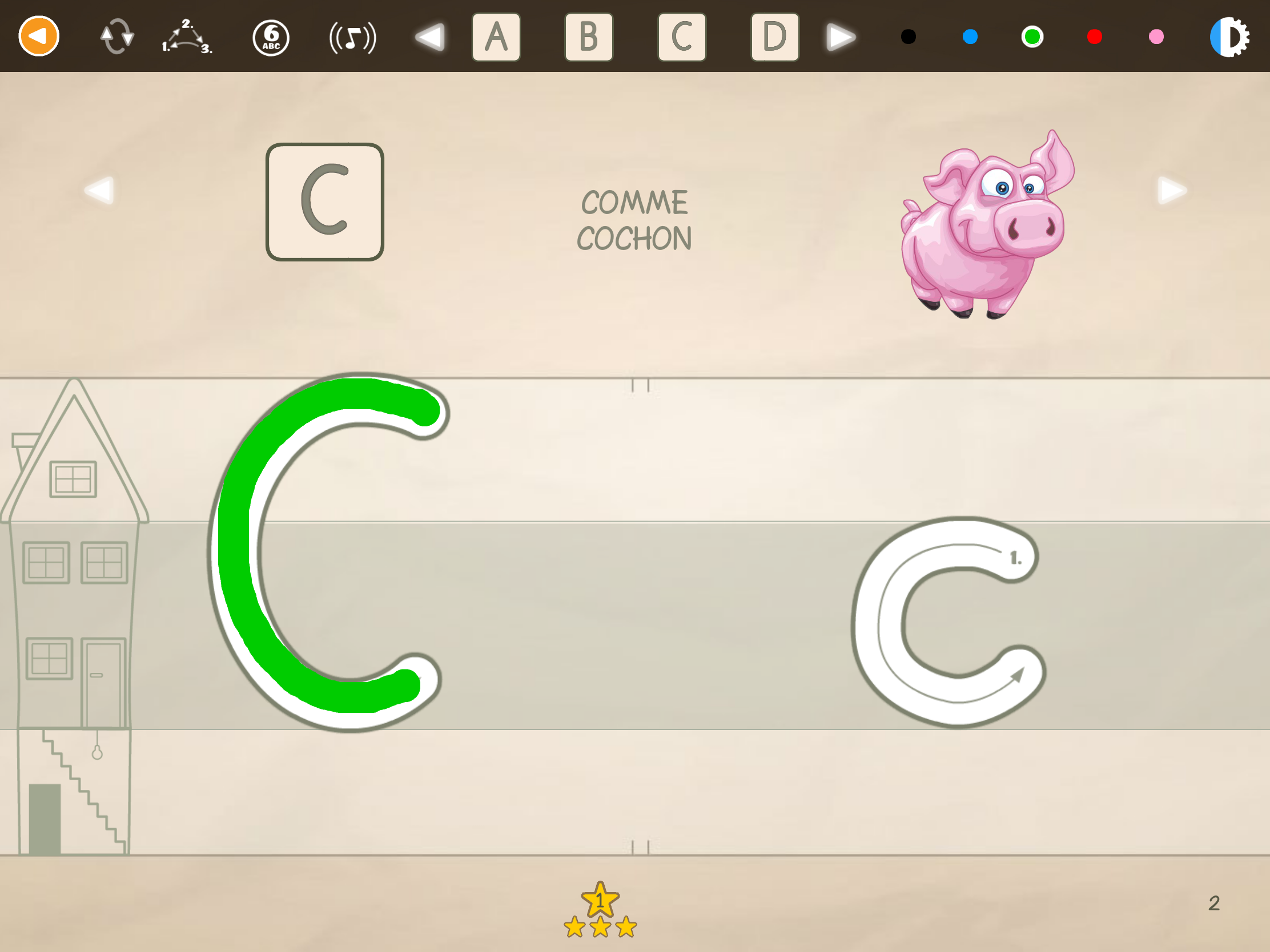 Exercice d'écriture de la lettre C dans l'application éducative ABC avec Yeti.
