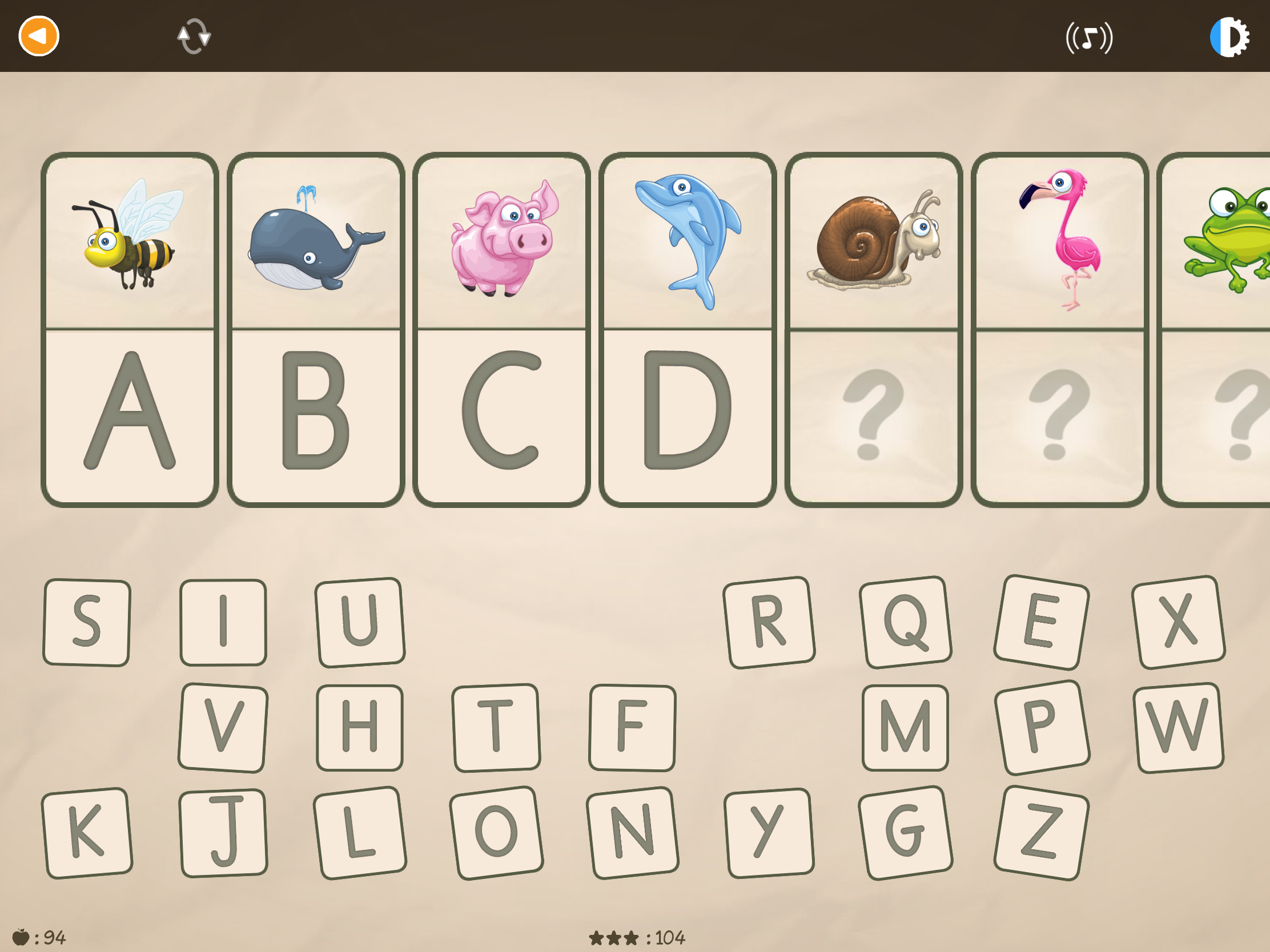 Jeu d'alphabet où les enfants associent chaque animal à la bonne lettre.