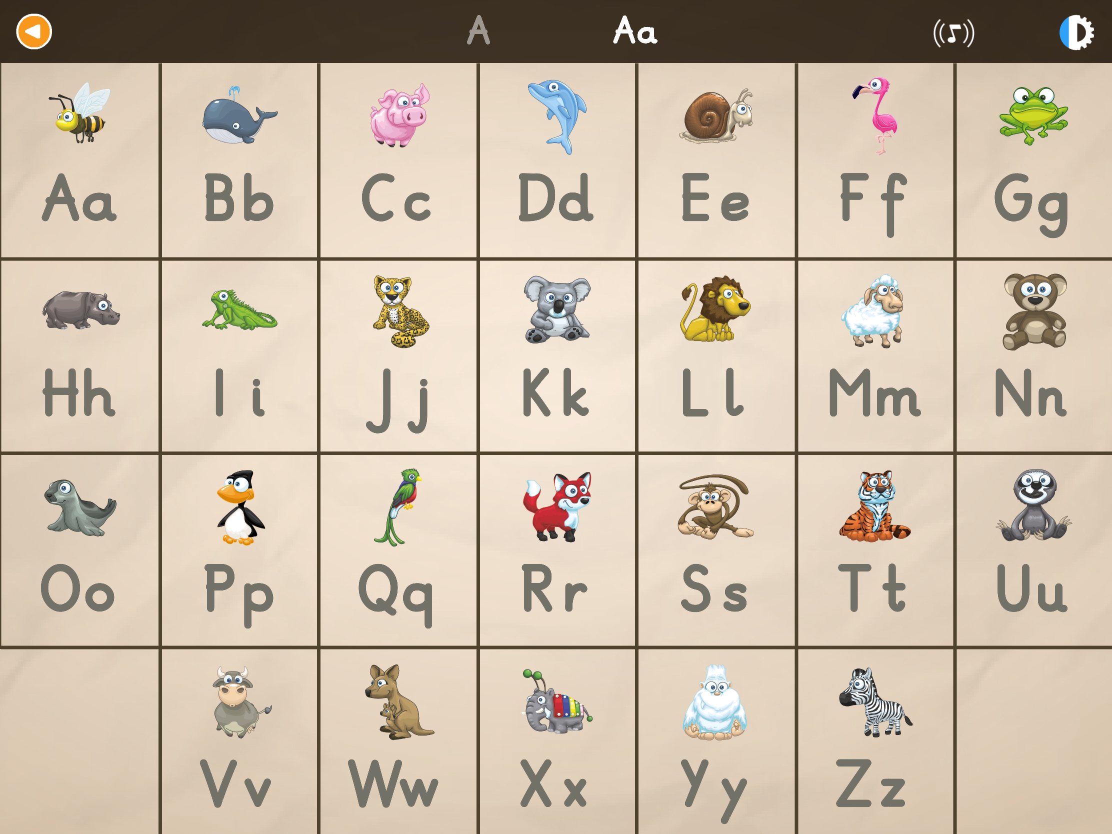 Tableau de l'alphabet illustré avec les lettres de A à Z et des animaux dans l'application ABC avec Yeti.
