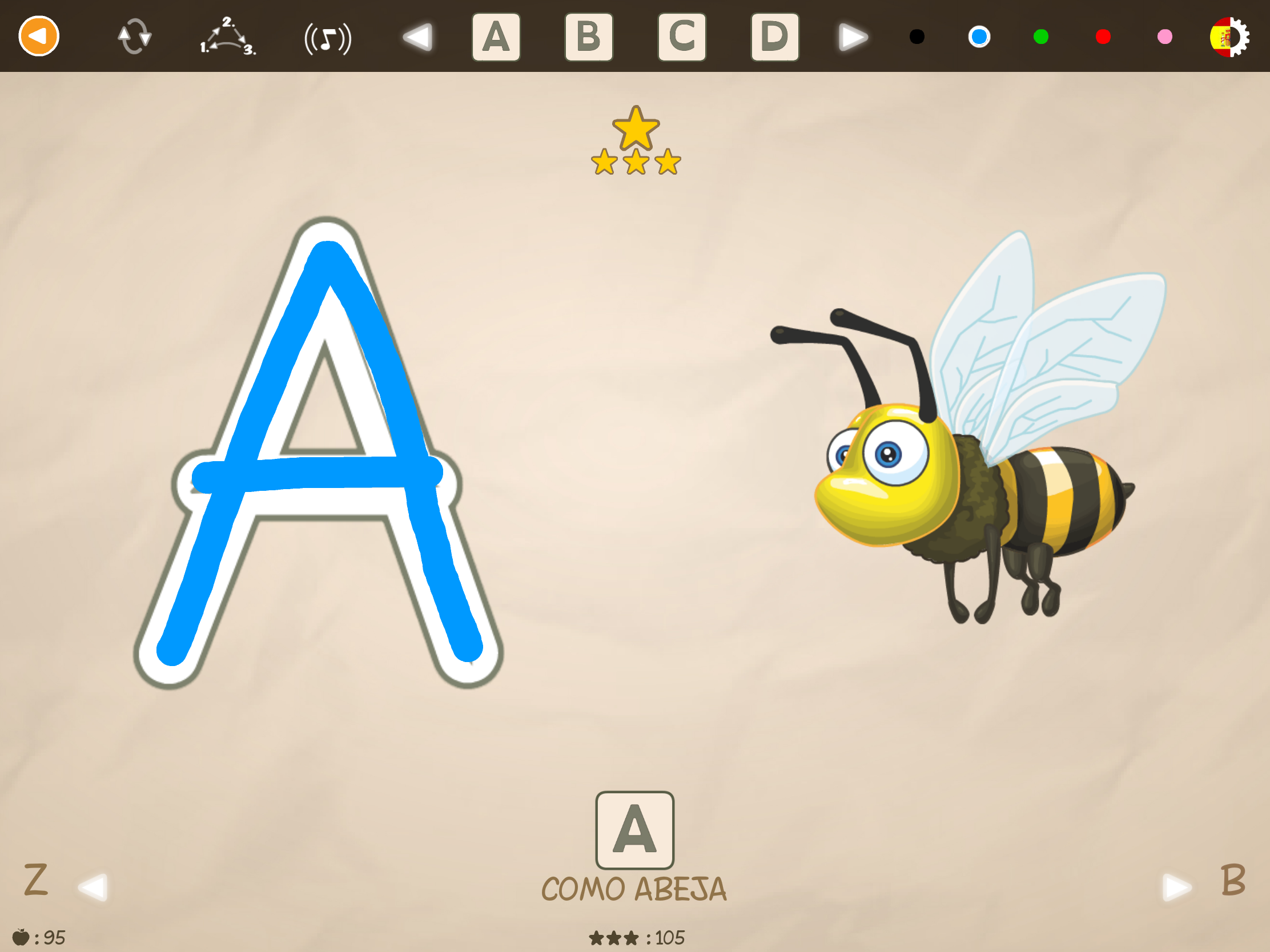 La letra A mayúscula para repasar junto a una ilustración de una abeja en la aplicación educativa ABC con Yeti para aprender las letras, el alfabeto y la escritura infantil.
