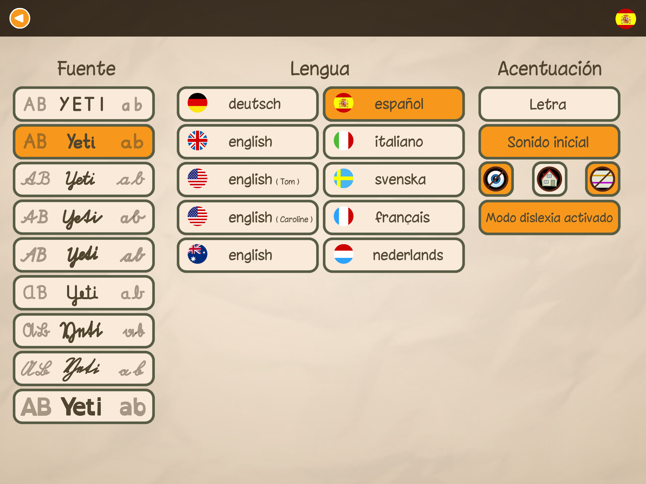 Pantalla de configuración de ABC con Yeti con selección de idioma, 9 tipos de letra escolares, modo para dislexia y opciones de pronunciación para personalizar el aprendizaje de la lectura y la escritura.