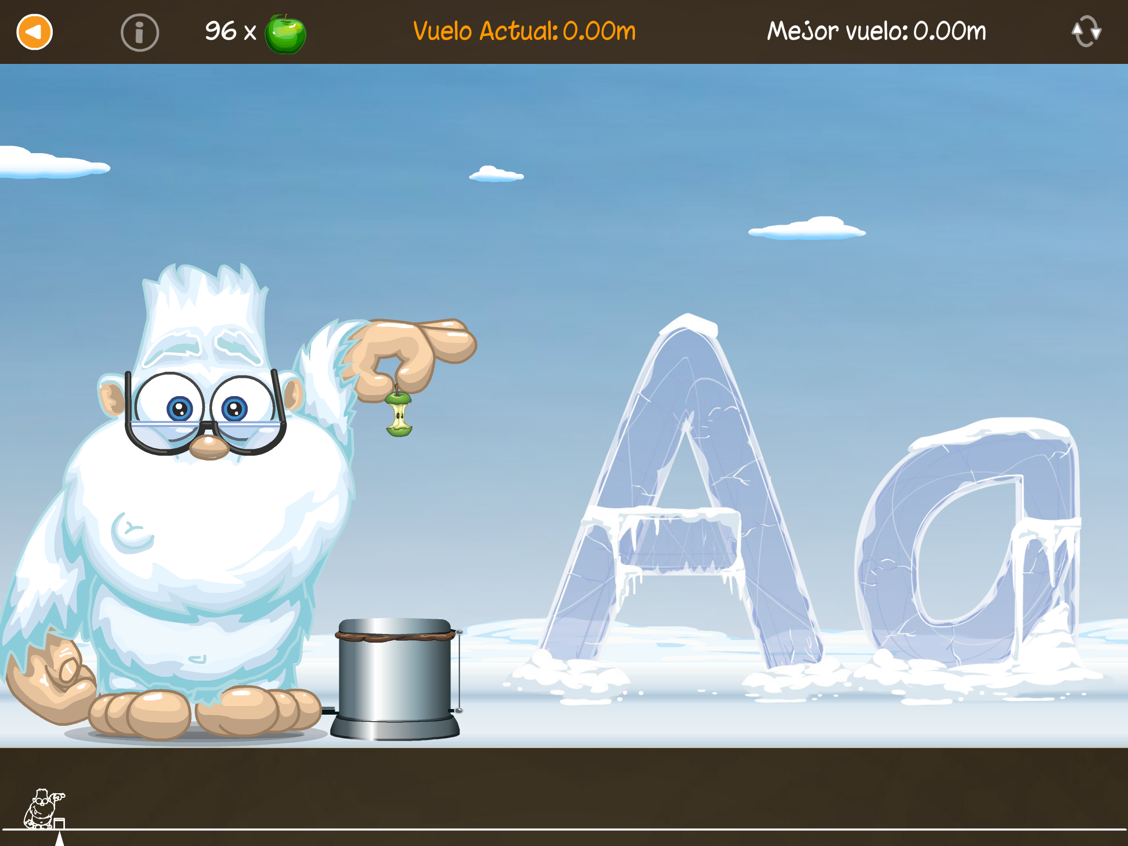 Minijuego educativo en ABC con Yeti donde un Yeti ayuda a practicar el reconocimiento de letras mientras los niños juegan y aprenden el alfabeto.
