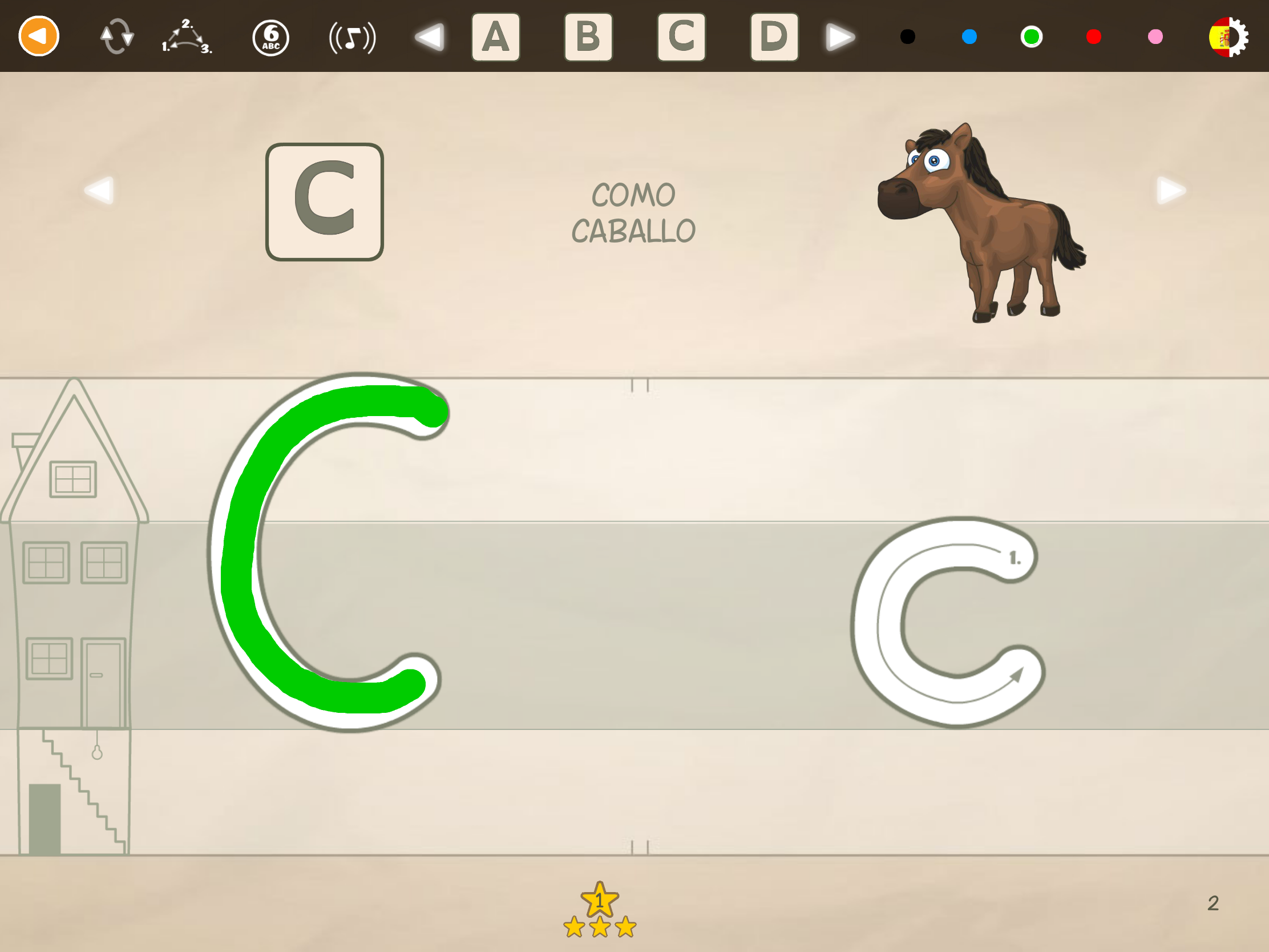 Niño practicando el trazado de la letra C mayúscula con la palabra "caballo" en la aplicación educativa ABC con Yeti para aprender el alfabeto, las letras y la escritura.