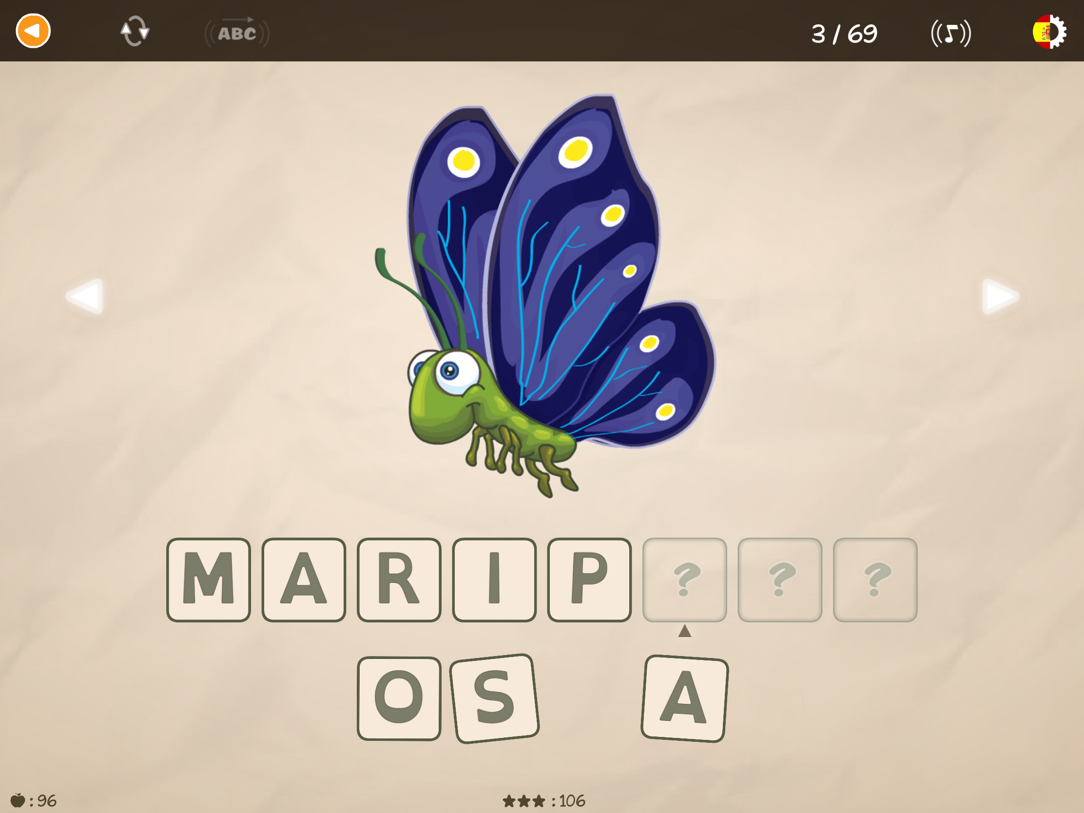 Niño completando la palabra "mariposa" con una ilustración de una mariposa en la aplicación educativa ABC con Yeti para aprender letras, vocabulario y escritura.