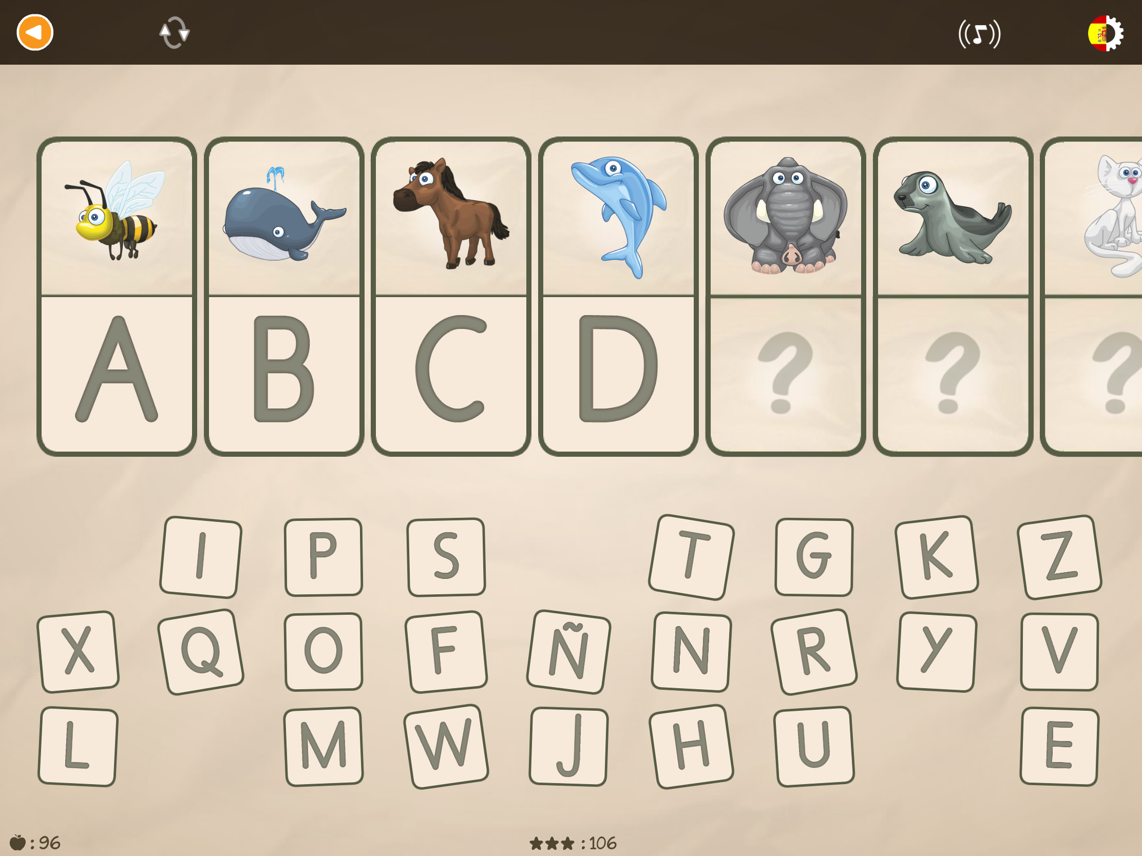 Actividad del alfabeto con animales en ABC con Yeti donde los niños asignan las letras correctas a diferentes animales mientras aprenden el abecedario de forma divertida.