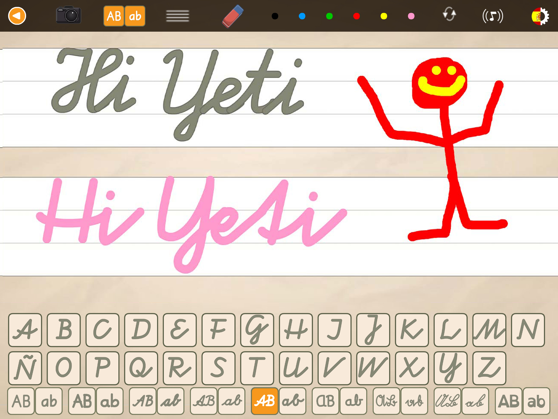 Pantalla de escritura libre en ABC con Yeti donde un niño practica la escritura de letras, palabras, frases y dibujos utilizando diferentes tipos de letra escolares.