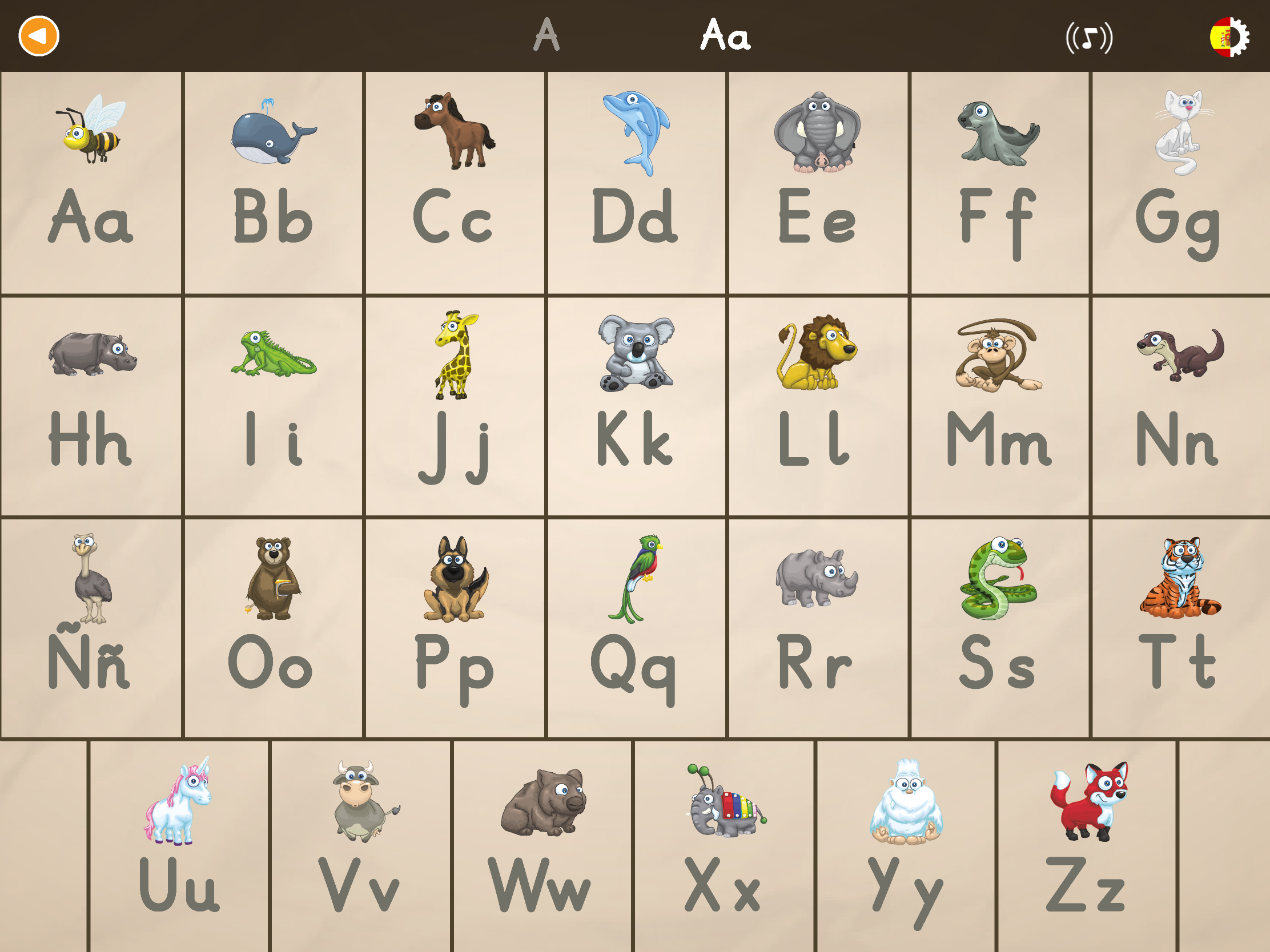 Vista general del abecedario español de la A a la Z con ilustraciones de animales en la aplicación educativa ABC con Yeti para aprender letras, escritura y lectura inicial.
