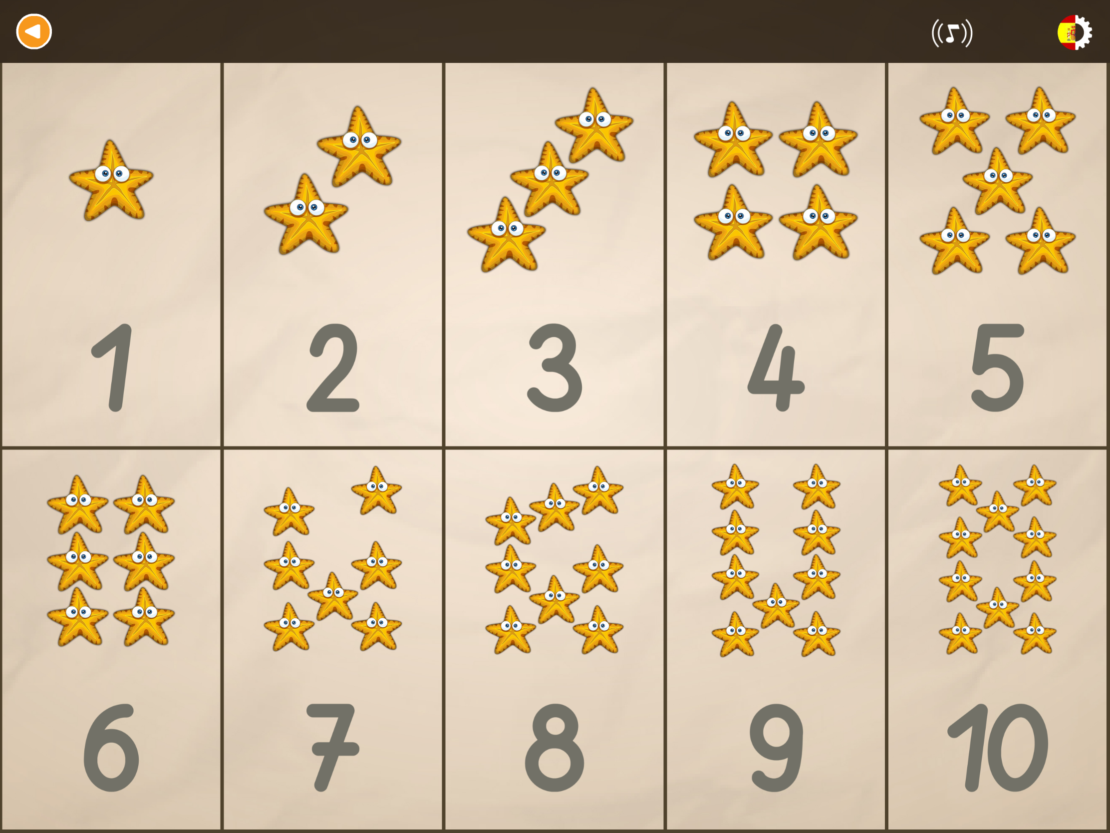 Pantalla de aprendizaje de los números del 1 al 10 con estrellas en la aplicación educativa ABC con Yeti para desarrollar el conteo y las primeras habilidades matemáticas.