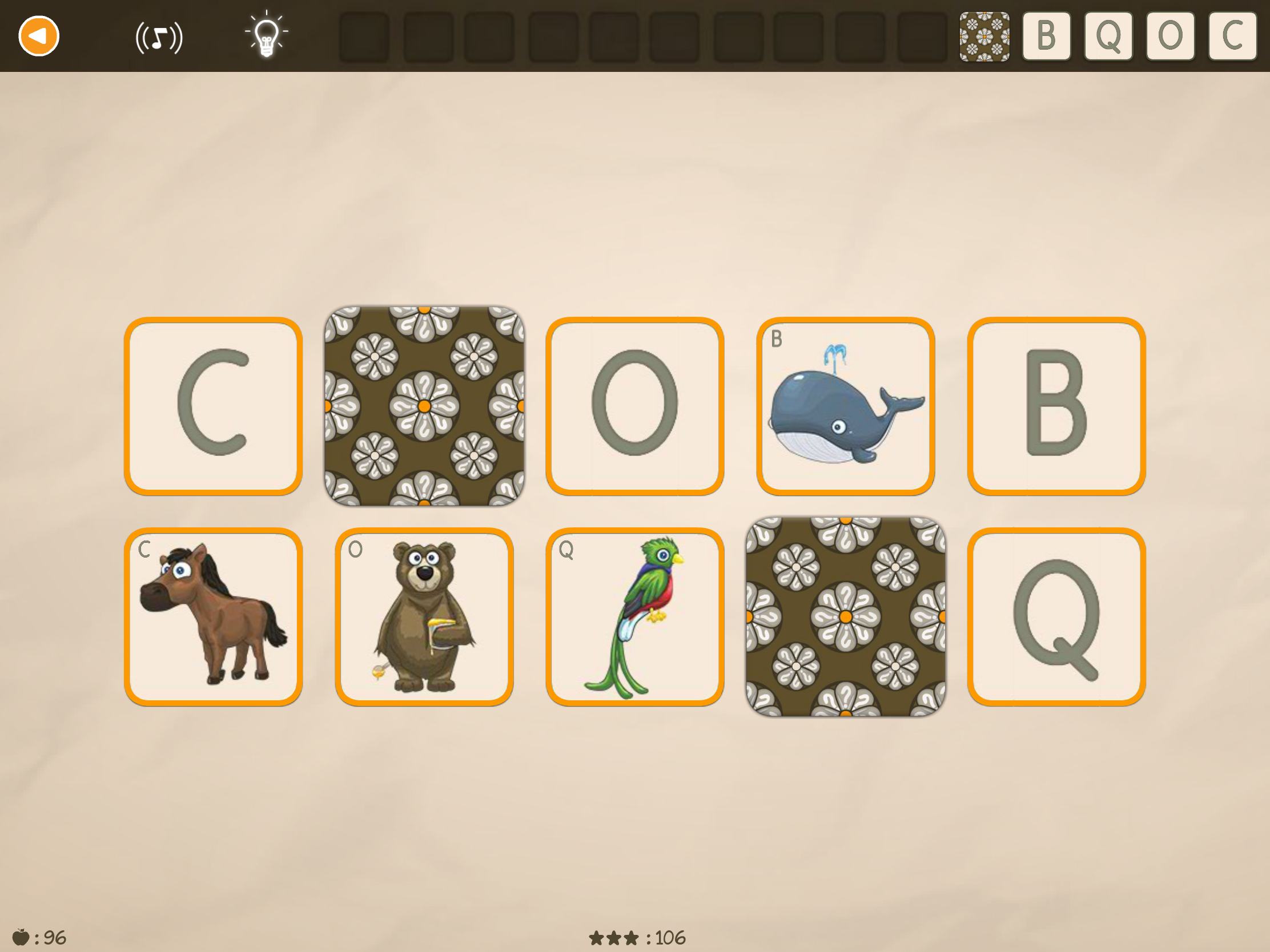Juego de memoria con letras del alfabeto y animales en la aplicación educativa ABC con Yeti para mejorar la memoria, el reconocimiento de letras y el vocabulario.