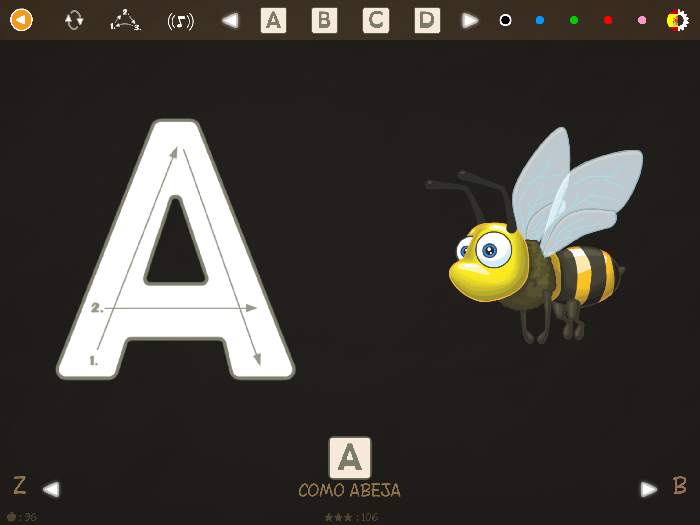 Pantalla con instrucciones para escribir la letra A mayúscula paso a paso junto a una abeja en la aplicación educativa ABC con Yeti para aprender el alfabeto y la escritura.