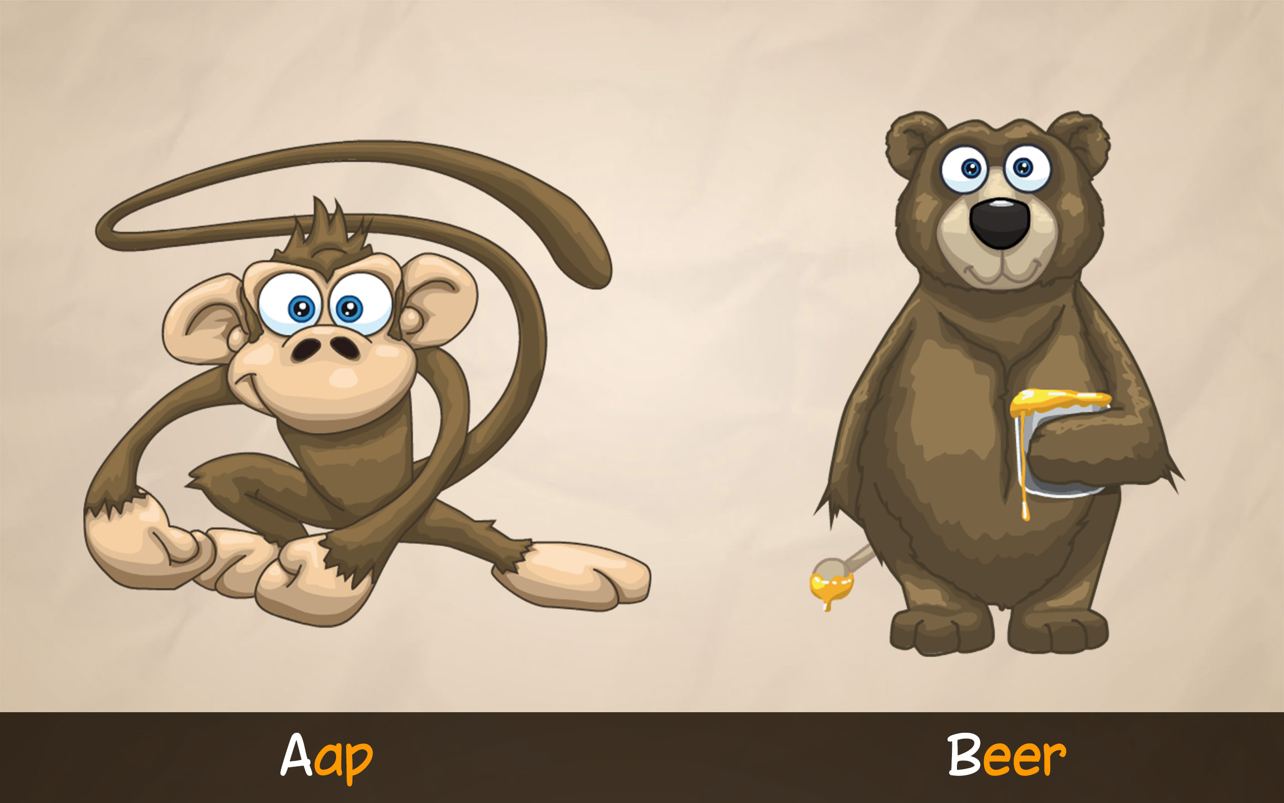 De dieren Aap en Beer uit ABC met Yeti helpen kinderen spelenderwijs letters, klanken en nieuwe woorden leren.