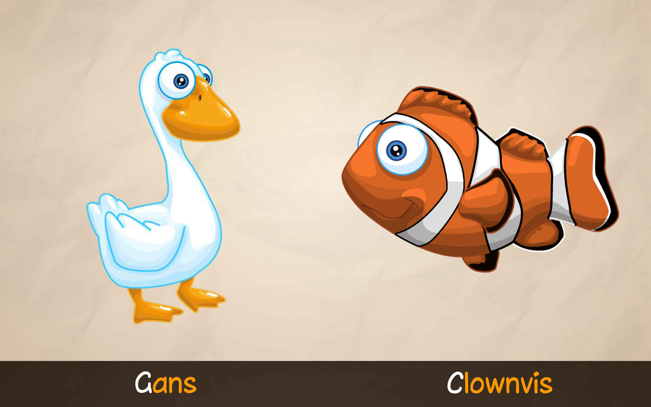 De dieren Gans en Clownvis uit ABC met Yeti helpen kinderen spelenderwijs letters, klanken en nieuwe woorden leren.