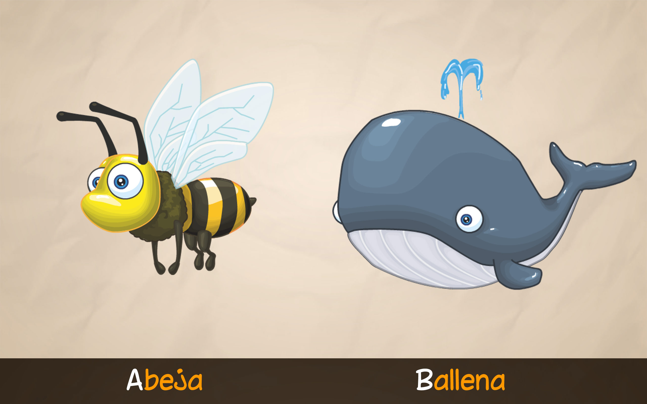 Ilustraciones de Abeja y Ballena para aprender la letra Y con la aplicación educativa ABC con Yeti.
