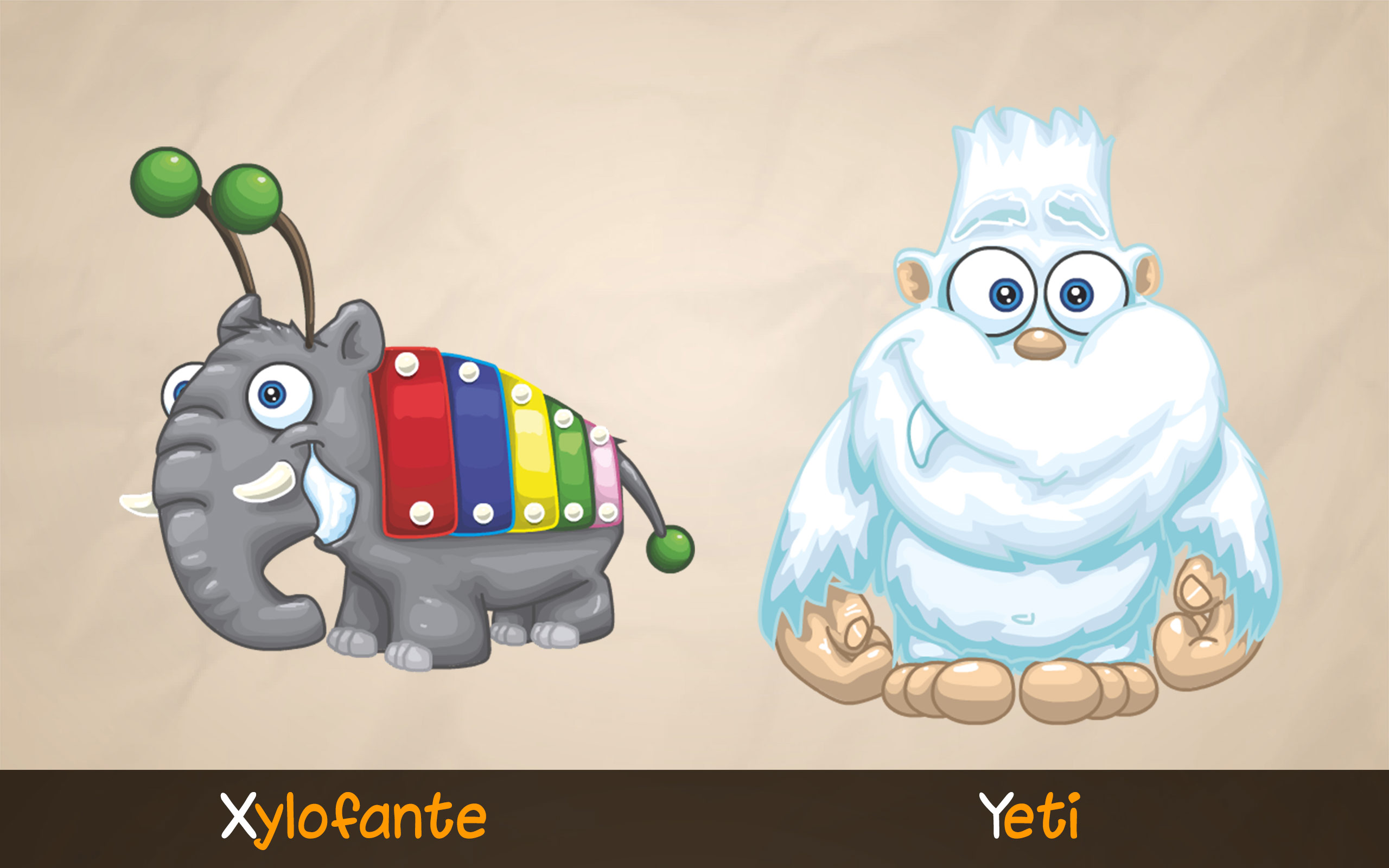 Ilustraciones de Xylofante y Yeti para aprender la letra Y con la aplicación educativa ABC con Yeti.