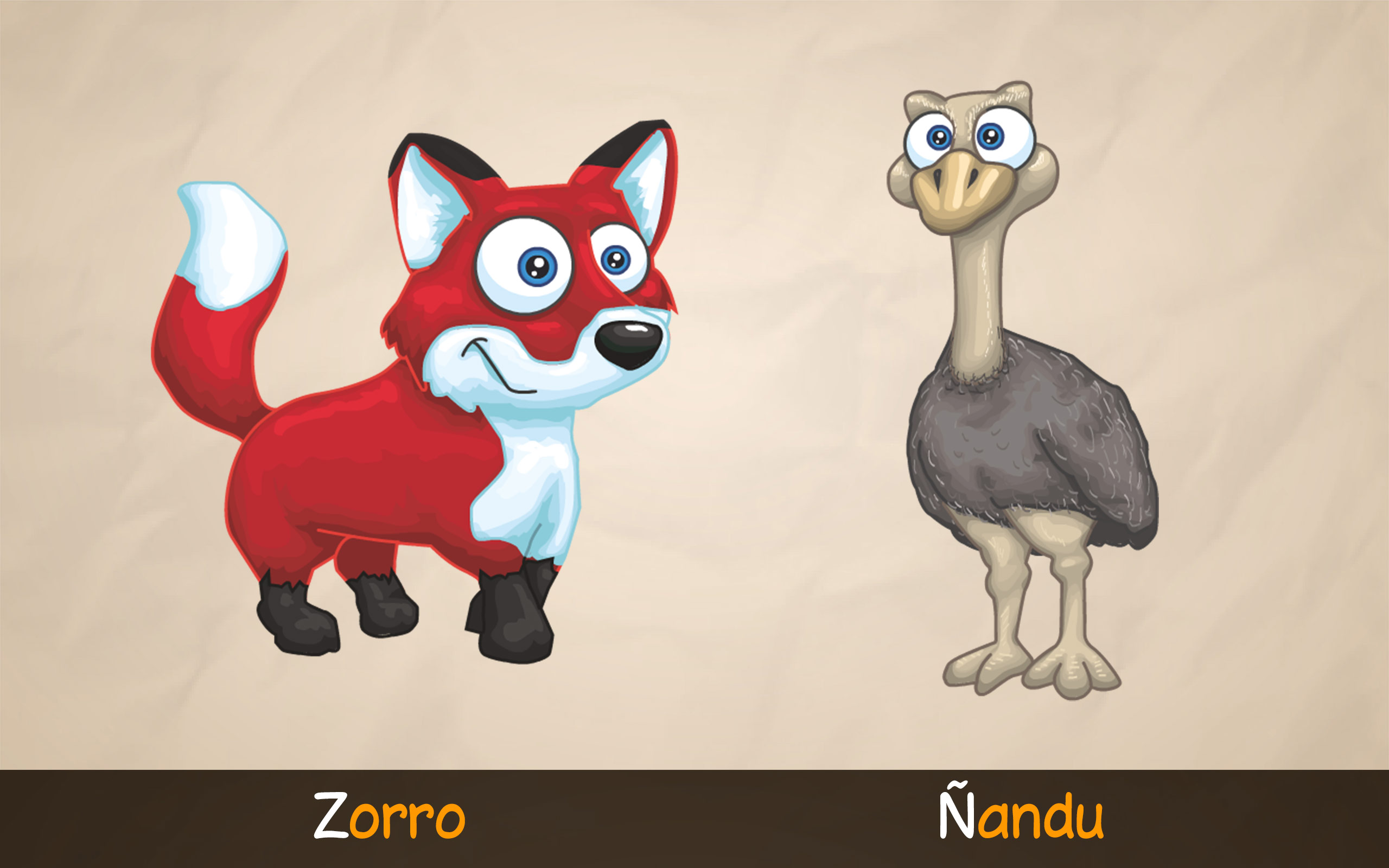 Ilustraciones de un zorro y un ñandú para aprender la letra Ñ con la aplicación educativa ABC con Yeti.